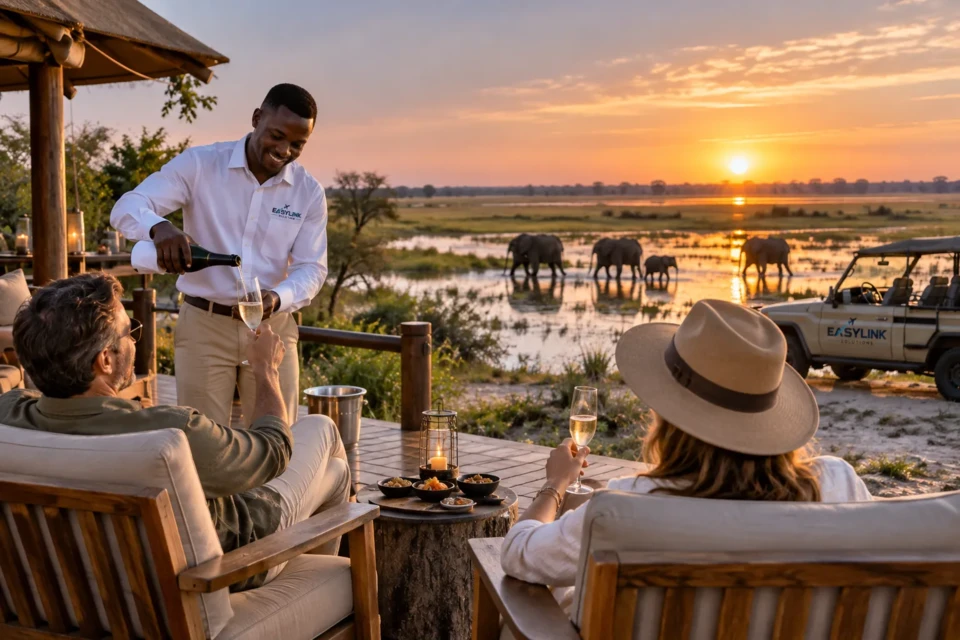 An EasyLink host serving guests at a safari sundowner beside the delta