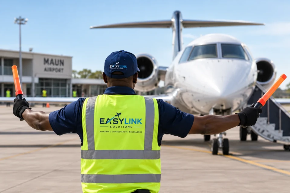An EasyLink marshaller coordinating an aircraft on the apron