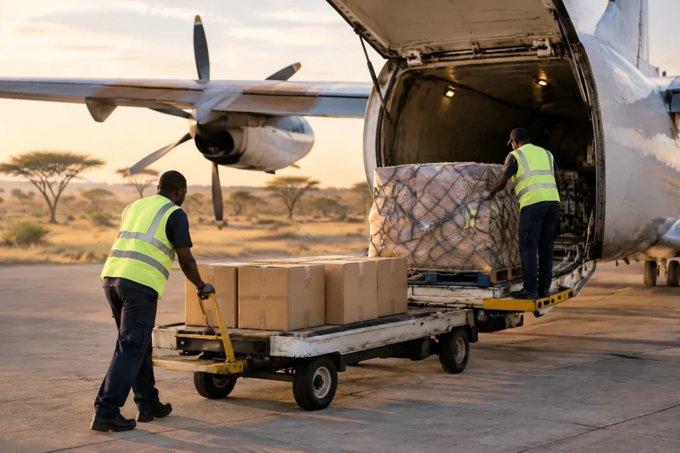 Ground handlers loading cargo into a turboprop freighter